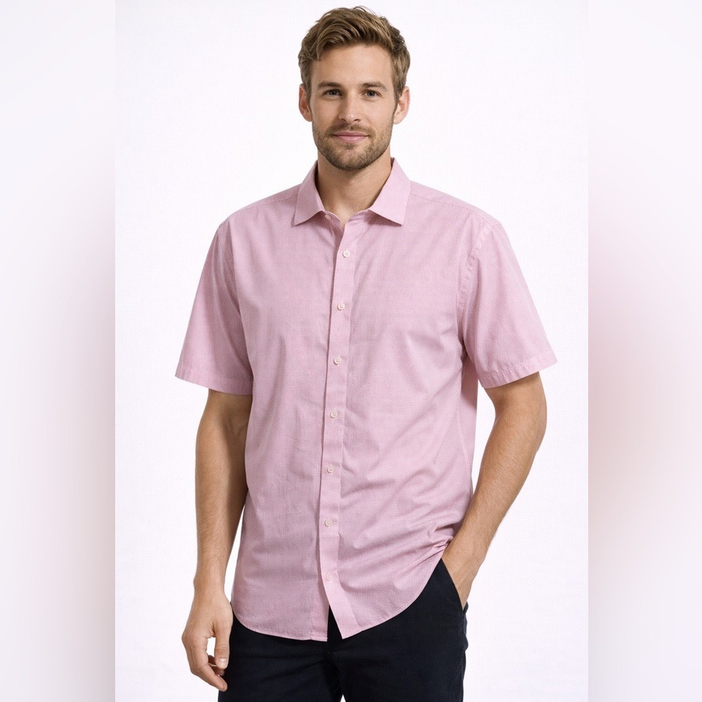 Barneys‎ New York Mens Pink Gingham Short Sleeve Button Down Shirt 18 Long